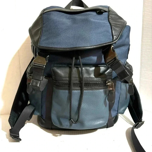 Coach unisex navy blue black leather nylon backpack - Picture 1 of 16